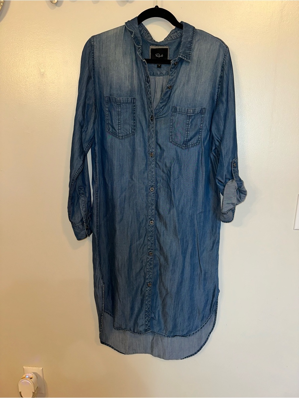 Rails Chambray Denim Shirt Dress M Blue Button Front High Low Roll Tab Sleeve